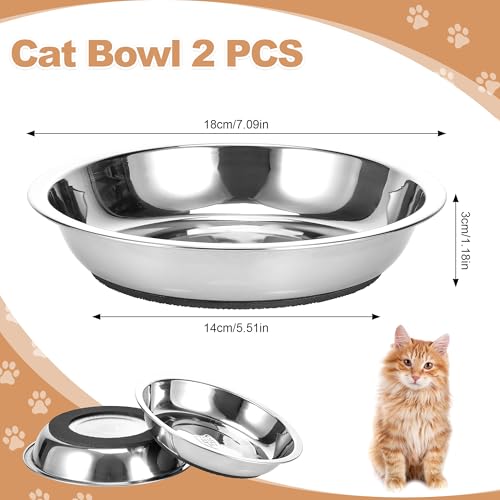 2 Pcs Stainless Steel Cat Bowls, Cats Food Bowls Whisker Friendly, 7 Inch/18cm Non-Slip Pet Bowl Cat Dish Feeding Bowls for Puppy, Small Dogs, Rabbits