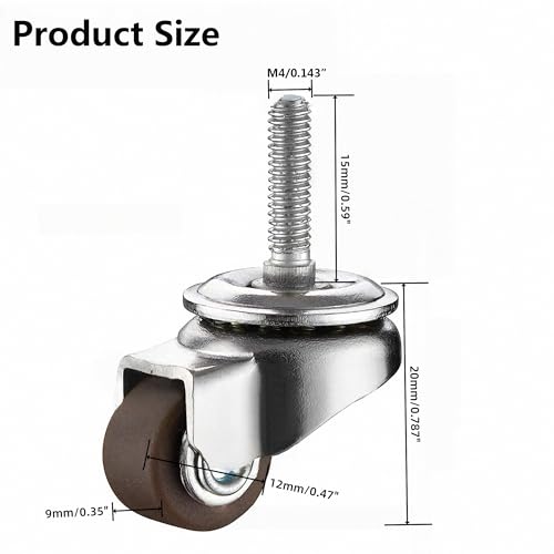 0.5 inch Mini M4 Stem Casters M4x15 Bolt Threaded Wheel,TPR Mute Rubber Swivel Single Caster Screws in Wheels -Brown - color: Brown, size: StemThreaded 0.5"-M4X15