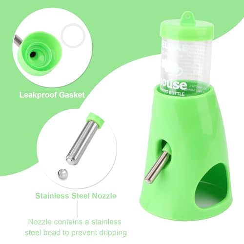 Hypeety Hamster Cage Drinking Water Bottle Parrot Mice Rat Gerbils Water Feeder Bowl 1Pcs 80ml (Green,80ml) | Leak-proof stainless steel nozzle, 2-in-1 with hideout , automatic feeder for hamsters/gerbils/mice, 2.71 fl oz/80ml, green - color: Green