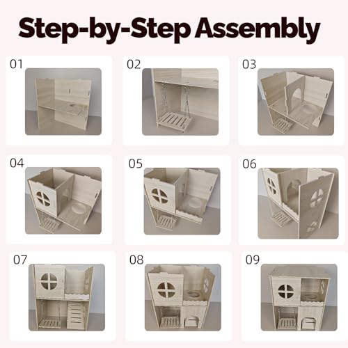 Wooden Hamster Hideout & Cage Accessories - Multi-Chamber Habitat with Swing, Ladder, House and Playground for Climbing - Enrichment Toys for Dwarf Hamster, Gerbil, Mouse, and Small Rodents