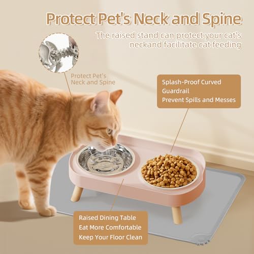 Elevated Cat Bowl with Food Mat, Raised Cat Food and Water Bowl Set for Indoor Cats, Splash Proof with 2 Stainless Steel Pet Food Bowls for Cats and Puppies,Whisker Fatigue and Dishwasher Safe (Pink) - color: Cat Bowls with mat - pink