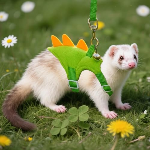 Ferret Harness and Leash Set Dinosaur Shaped Guinea Pig Leash Hedgehog Hamster Rat Harness Adjustable Ferret Stuff Hedgehog Accessories for Rabbit Bunny Teacup Chihuahua Mouse Small Pet, Green