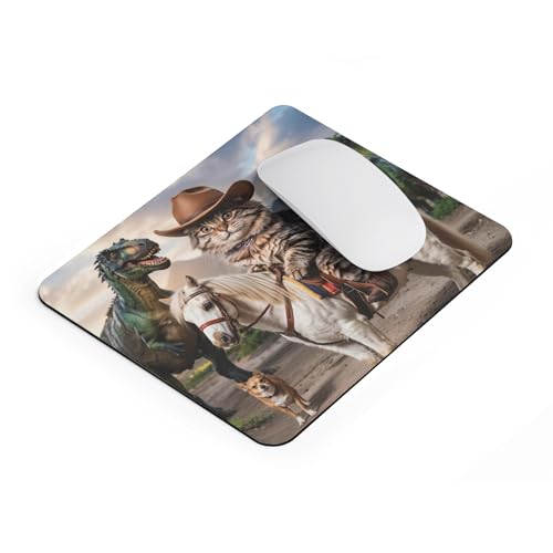 Mousepad Cowboy Cat Riding Horse with Dinosaurs Funny Western Humor Desk Accessory Unique Creature Scene Colorful Computer Mouse pad Novelty Gaming Mouse Mat Office Decoration Pet Lover Aesthetic - color: Cowboy Cat