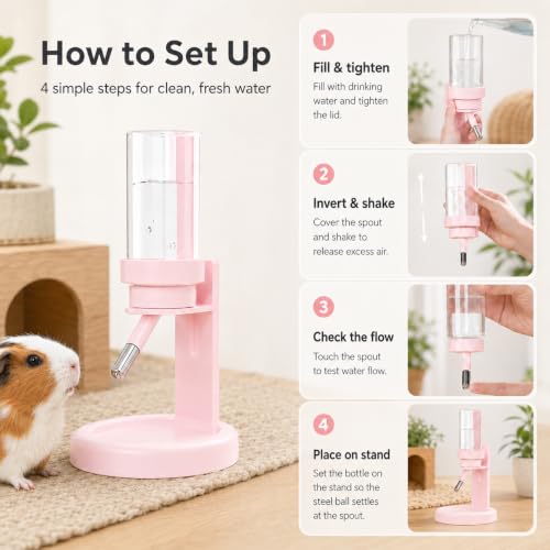 Hamster Water Bottle No Drip, 4oz Glass Small Animal Water Dispenser | Leakproof Guinea Pig Water Bottle with Adjustable Stand for Glass Tank, Cage Habitat, for Hamster Gerbil Chinchilla Hedgehog - color: Pink