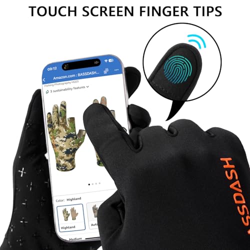 BASSDASH Unisex Fleece Liner Lightweight Camo Hunting Gloves HG07 | Stretch Fleeced Warm Anti-Slip Gloves with Touchscreen for Men Women Cool Weather Shooting Photography Fishing - color: Black, size: Large