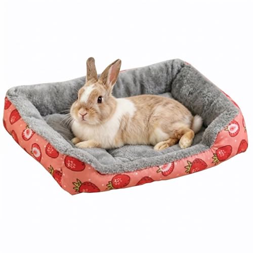 Bunny Bed, Pink Strawberry Plush Rabbit Guinea Pig Bed with Non Slip Bottom, Cozy Bed for Ferret Hamster and Other Small Animals