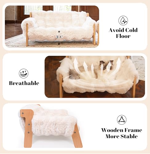 Elevated Cat Couch Bed Wooden Raised Kitty Sofa Lounge Chair | Washable Fluffy Cover Wooden Elevated Pet Furniture for Indoor Cats and Puppy(White) - color: Cat Sofa-White