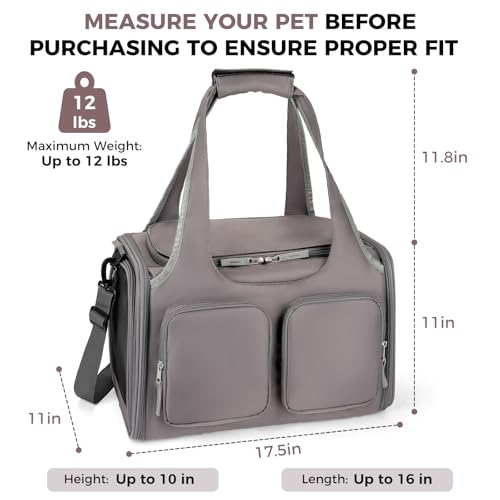 Dog, Cat Carrier for Pets Up to 12 Lbs, Airline Approved Collapsible Soft-Sided Pet Travel Bag with Locking Zippers, Breathable Mesh and 4 Large Pockets, Removable Fleece Pad (Grey) - color: Grey