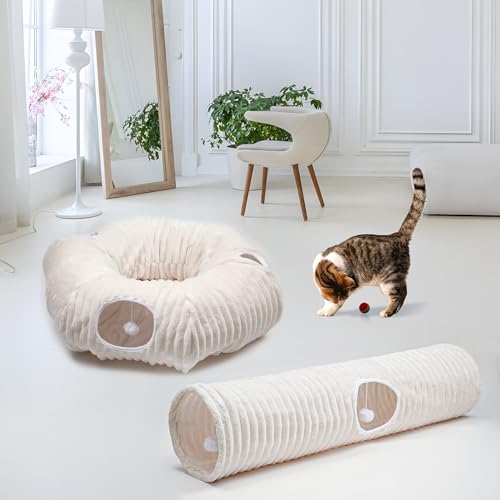 Luxurious Cat Tunnel,43" Straight Cat Tunnel Toys with Balls for Indoor,Collapsible Peekaboo Cave for Kitten （White Stripe）