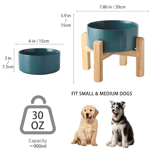 6'' Ceramic Raised Dog Bowl - 30Oz Dog Food & Water Bowl with Elevated Non-Slip Bamboo Stand, Dishwasher & Microwave Safe, Anti Vomiting Heavy Duty Pet Bowl for Small and Medium Dogs, Green - color: 1 x Bowl + Stand - Green, size: 6 inch