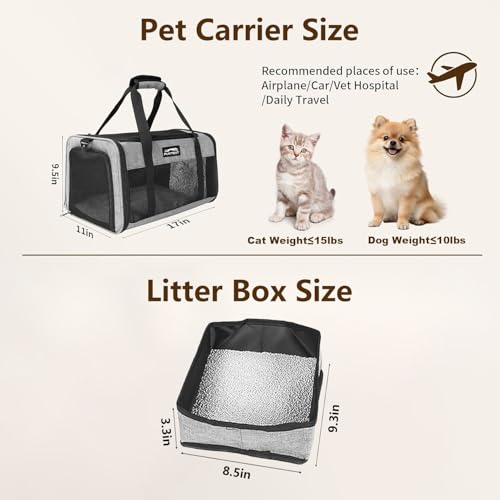 Pet Carrier Airline Approved, Soft Sided Cat Carrier for Small Pets up to 13 lbs, TSA Approved Dog Travel Bag, Portable Soft Sided Pet Carrier for Kittens and Puppies (Gray, Travel Litter Box) - color: Gray