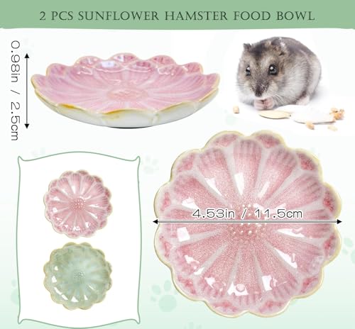 Hamster Food Bowl，2 Pcs Sunflower Hamster Bowls,Hamster Ceramic Food Bowl，Food Dish for Small Animals Hamster Guinea Pig Rat Mice Gerbil Dwarf (Pink+Green)