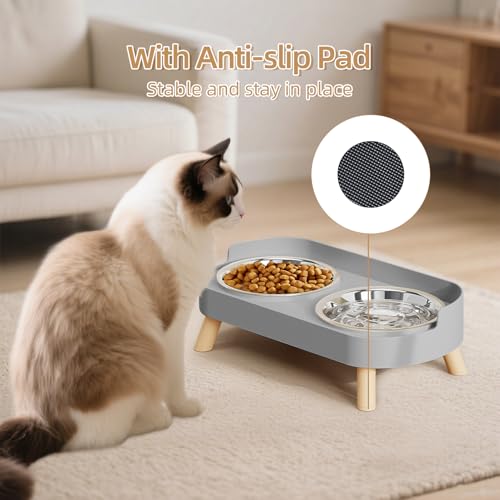 Elevated Cat Bowl, Raised Cat Food and Water Bowl Set for Indoor Cats, Splash Proof with 2 Stainless Steel Pet Food Bowls for Cats and Puppies, Whisker Fatigue and Dishwasher Safe - Grey - color: Cat Bowls-Grey