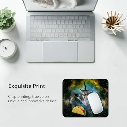 Cute Space Cat Funny Meme Mouse Pad, Galaxy Kitten Chasing Taco Desk Mat | Cosmic Surreal Joking Pet Graphic, Vibrant Nebula, 9.5 x 7.9 Inches, Anti-Slip Base, Cute Smooth Mousepad - color: Space Cat
