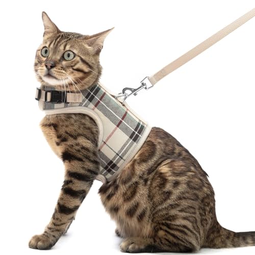 PUPTECK Soft Mesh Cat Vest Harness and Leash Set Puppy Padded Pet Harnesses Escape Proof for Cats Small Dogs Rabbits Bunny, Plaid Beige, L - color: Beige(Plaid), size: L(NECK 8.5"-10.5", CHEST 12.5"-15", 6-10 lbs)