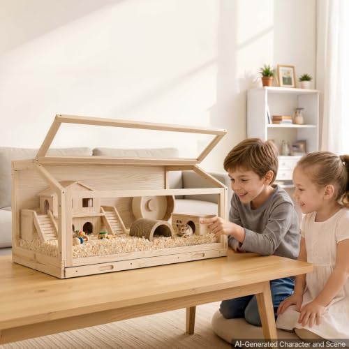 VEVOR Wooden Hamster Cage 39.4"x20.5"x19.9" 270° Viewing Hamster Habitat, Chewproof Acrylic Small Animal Cage with Openable Top, Large Pet Enclosure for Syrian/Dwarf Hamsters, Guinea Pigs & Gerbils - size: 39.4"L x 20.5"W x 19.9"H