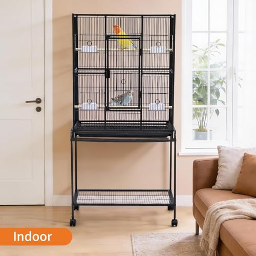 Spacious Flight Bird Cage with Rolling Stand & Storage Shelf - Durable Wrought Iron Parrot Home - Easy Clean, Ideal for Parakeets, Cockatiels, Conures, Lovebirds, Cockatoos - size: 37.2"L x 30.3"W x 4.3"H