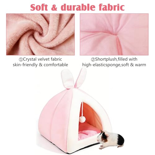 Fhiny Rabbit Bed Cave Cozy Guinea Pig Hideout Cute Bunny Bed Large House Winter Nest Dwarf Rabbit Cage Accessories for Chinchilla Ferret Hedgehog or Other Small Animals（Pink） - color: Pink