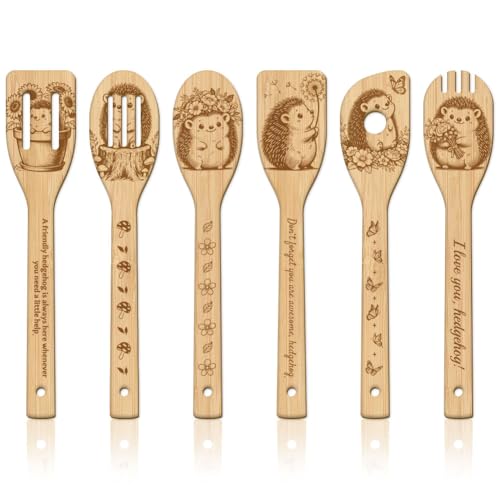 GLOBLELAND 6 Pcs Hedgehog Wooden Spoons Utensil Set Hedgehog Flowers Bamboo Carving Kitchen Cooking Utensils Wooden Engraved Cooking Spatula Sets for Kitchen Fun House Warming Gift - color: Hedgehog