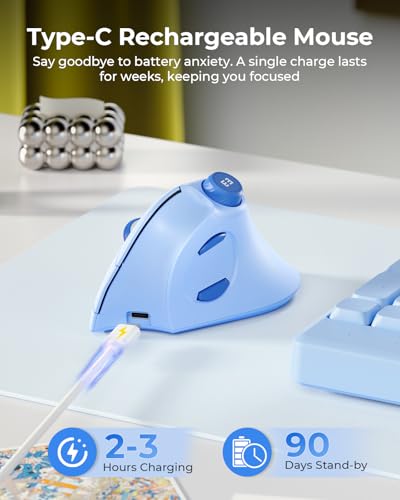 seenda MOU-302 Wireless Bluetooth Ergonomic Vertical Mouse with Volume Knob | Rechargeable 3-device mice for small/medium hands with quiet clicks, 1000/1600/2400 DPI for PC, laptop, MacBook, Light Blue - color: Light Blue