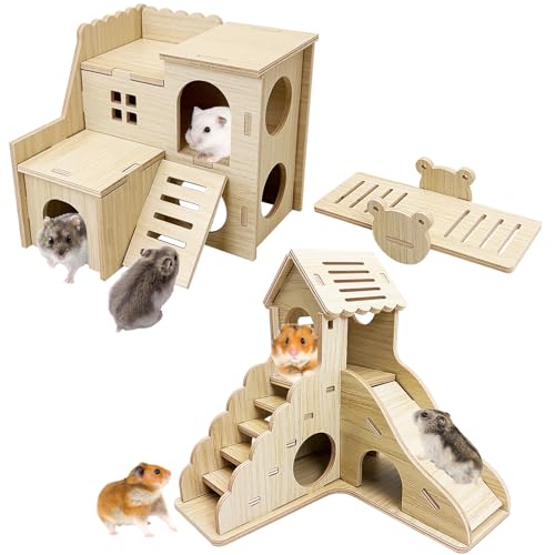 BNOSDM Wood Hamster House Dwarf Hamster Natrual Hideout with Ladder Gerbils Climbing Exploring Seesaw Toys Cage Accessories for Small Hamsters Mouse Mice - color: Style B