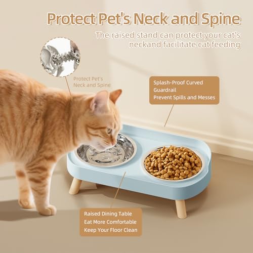 Elevated Cat Bowl, Raised Cat Food and Water Bowl Set for Indoor Cats, Splash Proof with 2 Stainless Steel Pet Food Bowls for Cats and Puppies, Whisker Fatigue and Dishwasher Safe - Blue - color: Cat Bowls-Blue