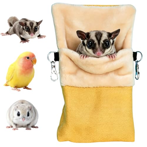 Hanging Sugar Glider Pouch Warm Hammock Pet Sleeping Bag (Yellow,Small) | Back-slant design fits cages perfectly. Features a rear pocket for heating pads. Soft, cozy plush lining for rat squirrel - color: Yellow, size: Small