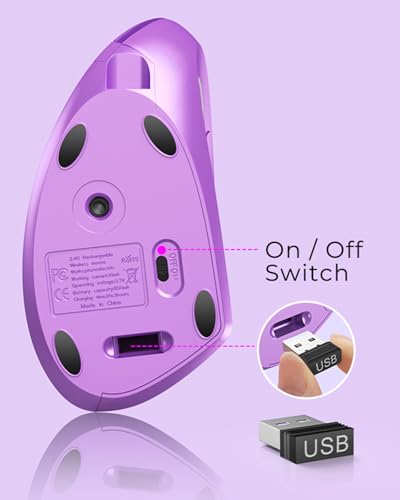Lekvey Ergonomic Mouse, Rechargeable Vertical Wireless Mouse, Purple | USB-C Charging, 2.4G USB Wireless, Plug & Play, 3 DPI (800/1200/1600), Quiet Clicks, Carpal Tunnel Mouse, for Laptop, PC, Mac - color: Purple