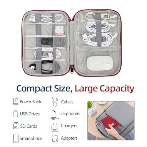 Cable Organizer Bag, Electronics Case for Cords, Chargers & Tech | Organize cables, chargers and power banks with elastic loops, mesh pockets and a slim design for travel. - color: red, size: S