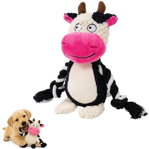 Interactive Puppy Toy, Plush Squeaky Dog Toy with Crinkle Paper Rope (White & Pink) - color: White & Pink