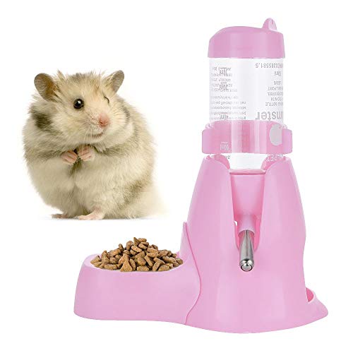 Guardians Hamster Water Bottle, Little Pet Automatic Drinking Bottle with Food Container Base Hut Hanging Water Feeding Bottles Auto Dispenser for Small Animals(80ml,Pink) - color: Pink, size: 80ml
