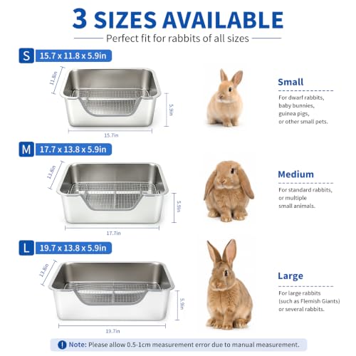 Stainless Steel Rabbit Litter Box with Hay Feeder & Sifting Grid | Bunny Litter Box Kit with Bowl & Tunnel, 6-Inch High Sides Help Reduce Mess, Low Entry for Easy Access, Grid for Drier Paws - size: M(17.7" × 13.8" × 5.9")