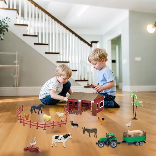 66PCS Mini Farm Animal Barn Toy with Tractor Trailer Fence for Kids Ages 3+ | Realistic Farm Animal Figurines, Educational Birthday Gift for Kids