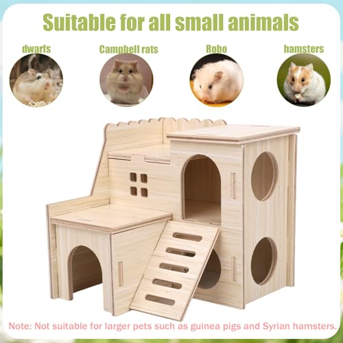 Penitue Wooden Hamster Hideout House with Ladder, Double-Decker Hamster Maze Wood Hut Detachable Small Animal Cage Habitat for Dwarf Hamsters Gerbils Mice Rats (Not for Large Pets)