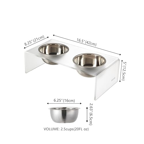 DBL2000K Keaton 5" Small/Medium Modern Acrylic Rectangular Elevated Pet Feeder with 20oz 2-Stainless Steel Bowls, Moon White/Chrome - color: Moon White/Chrome, size: 20 Ounces (5" Cups 2-Pack)