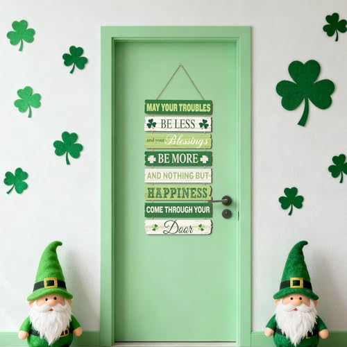 JarThenaAMCS St. Patrick's Day Door Sign Wooden May Your Troubles Be Less Irish Blessing Sign Shamrock Rustic Hanging Wall Decor for Indoor Outdoor Farmhouse Home Party Decor - style: St. Patrick's Day