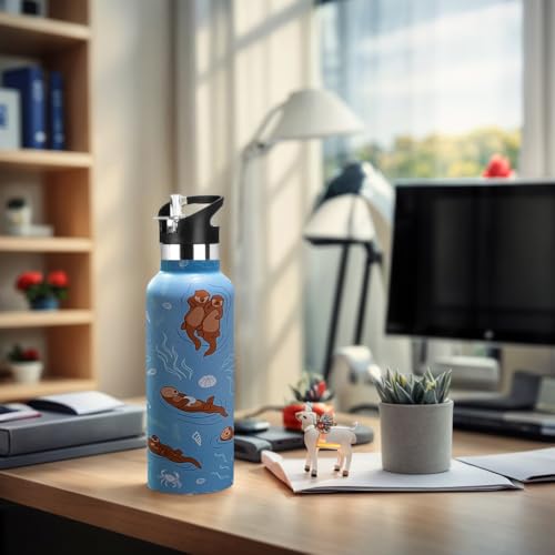Kids Water Bottle with Straw,Sea Otter Bottle Vacuum Insulated Stainless Steel Travel Mugs Tumbler For Sport School Outdoor 20 oz - color: Blue Otter