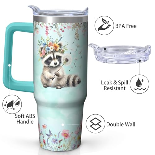 30oz Raccoon Stainless Steel Tumbler with Handle and Straw, Insulated Cup Travel Coffee Mug Water Bottle with Lid and Straw, Animal Lovers Women Gifts - color: Raccoon