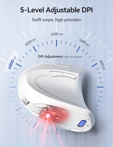 TECKNET Wireless Ergonomic Mouse, Rechargeable Wireless Vertical Mouse | Rechargeable Mouse White, 2.4GHz USB Receiver, Silent Click, 6 Adjustable DPI up to 4800, 6 Buttons for Laptop, PC & MacBook, - color: Light White