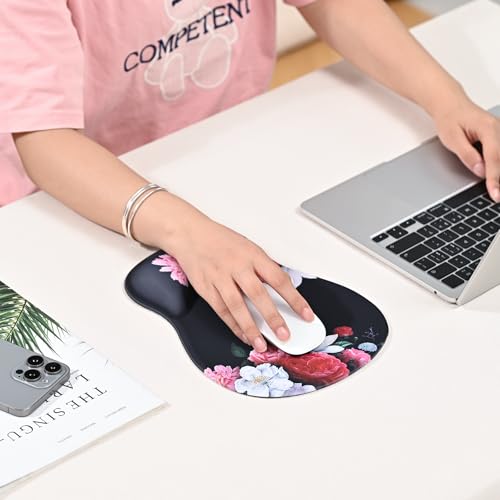 EooCoo Mouse Pad with Gel Wrist Rest, Ergonomic Mousepad Wrist Alignment | Middle Concave Design for Natural Wrist Alignment, Non-Slip Base Mousepad, Carpal Tunnel Relief, Office Desk Accessories - color: Black Floral