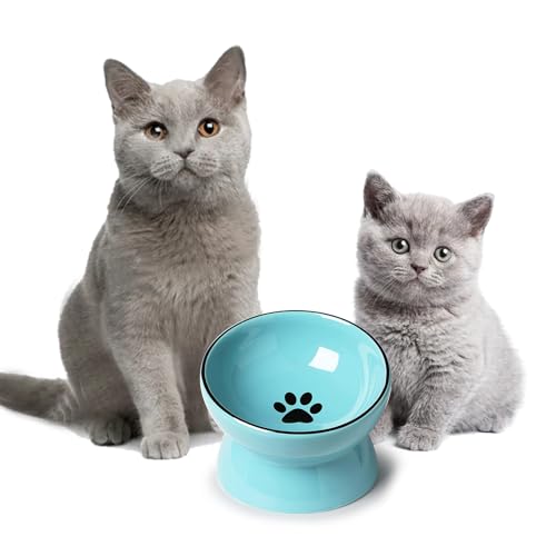 ONTUBE Ceramic Raised Cat Dishes Bowl, 10 oz (Blue) | Ceramic, elevated, 5.3in, 10oz, pet bowl, easy-clean, non-slip, sturdy, ergonomic, healthier, dishwasher-safe, microwave-safe - color: Blue