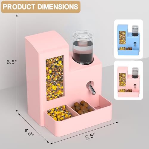 Hamster Water Bottle and Feeder, No Drip 2-in-1 Automatic Waterer and Food Dispenser, Gravity Feeding Hamster Cage Accessories for Small Pets 5.51 x 4.33 x 6.49 Inch - color: Pink