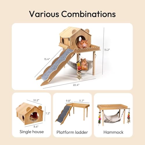 3-in-1 Guinea Pig Hideout, Large Wooden Guinea Pig House | with Stairs, Hammock, Mat, and Chew Toys, Suitable for Small Rabbits, Guinea Pigs, Hamsters, and Other Rodents
