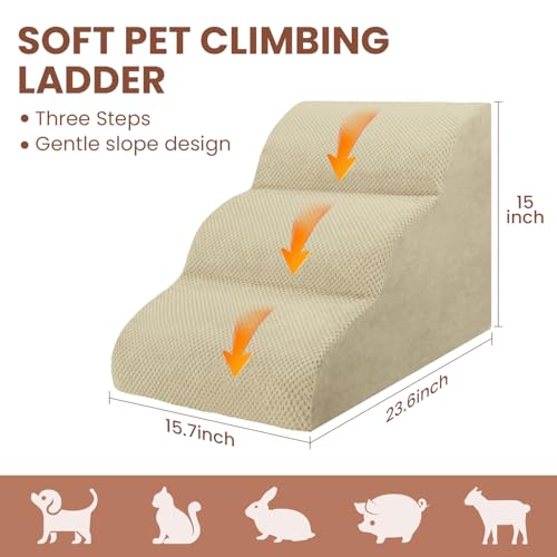 Dog Stairs for Small Dogs, High Density Foam Dog Steps, Extra Wide Non-Slip Pet Ramp for High Beds Or Couch, Soft Doggie Ladder for Dogs Injured, Older Pets, Small Cats, 3 Stpes,Camel - color: Camel, size: 3 Steps