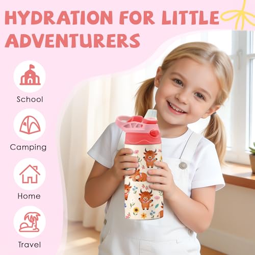 Highland Cow 12 oz Water Bottle with Straw – Kids Stainless Steel Vacuum Insulated Cup, Leakproof Pop-Up Spout, Reusable Travel Mug for Boys and Girls Outdoor Sports - color: Cow1