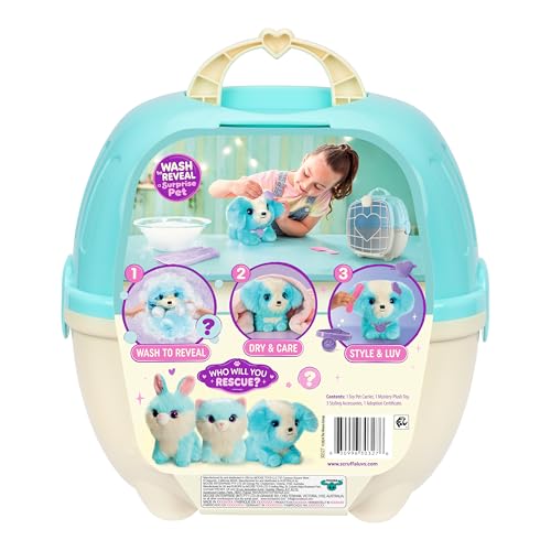 ScruffaLuvs Blue Surprise Pet, Mystery Plush Toy, Wash to Reveal | Wash to reveal 1 of 3 rescue pets, includes deluxe carrier & comb; plush toys for girls ages 3+, gift - style: Blue