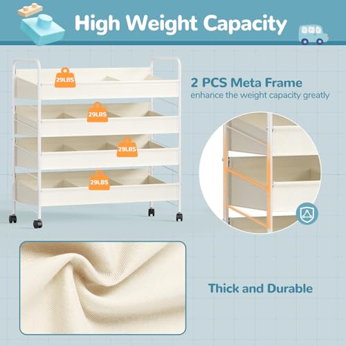 Kids Toy Storage Organizer with 4 Shelves & Wheels for Playroom | White, Large Size, Steel Frame & Oxford Fabric, Rolling Casters with 2 Locks, Safe Rounded Edges, Easy Assembly - size: 3X-Large-Large