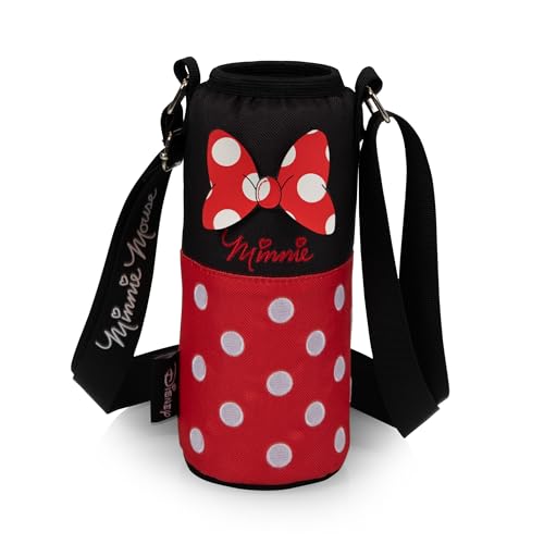 Picnic TIME Disney Shorts Bottle Cooler Tote, Insulated Water Bottle Holder with Adjustable Shoulder Strap for Travel Picnic Theme Parks, Fits 20 to 26 oz Bottles - color: Disney Minnie Mouse - Black with Red Pattern