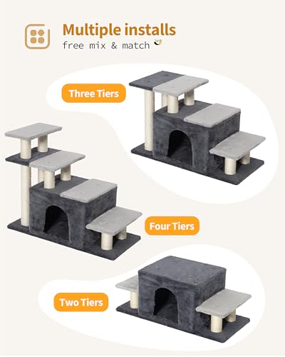 Aechonow 4-Tier Cat Stairs for High Bed with 22'' Cat Scratching Post | Pet Steps for Doggies Rabbit Ferret, Adjustable Cat Cave, Grey, Extra Large - size: Extra Large-Gray