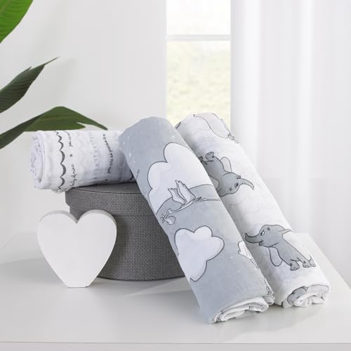 Disney Dumbo 3 Piece Muslin Swaddle Baby Blanket Set - color: Dumbo Gray and White